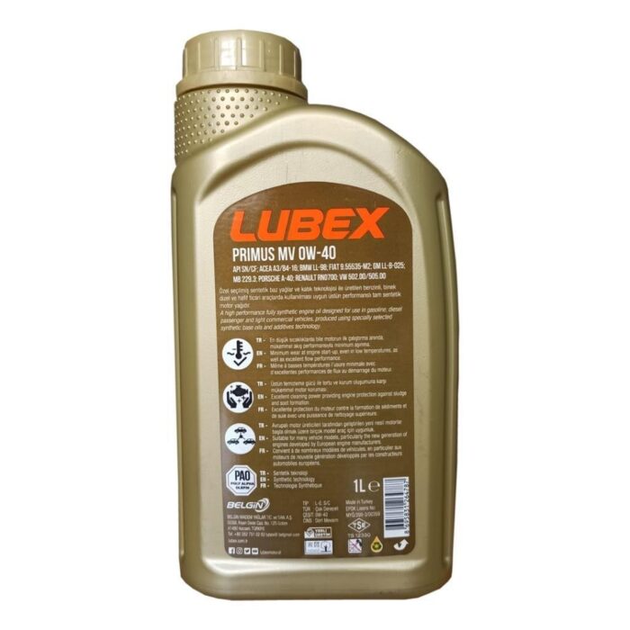 Lubex Primus MV 0W40 1 Lt Tam Sentetik Motor Yağı - Görsel 4
