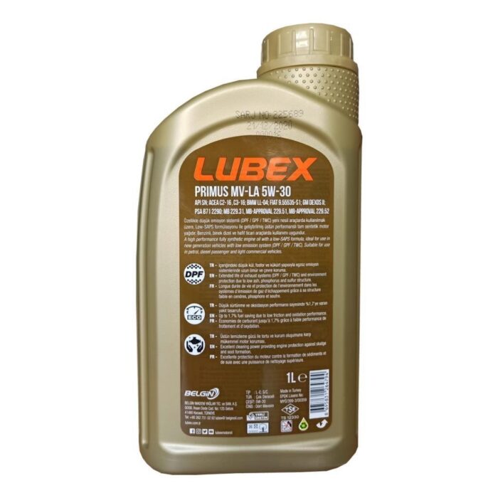 Lubex Primus MV-LA 5W30 1 Lt Tam Sentetik Motor Yağı - Görsel 4