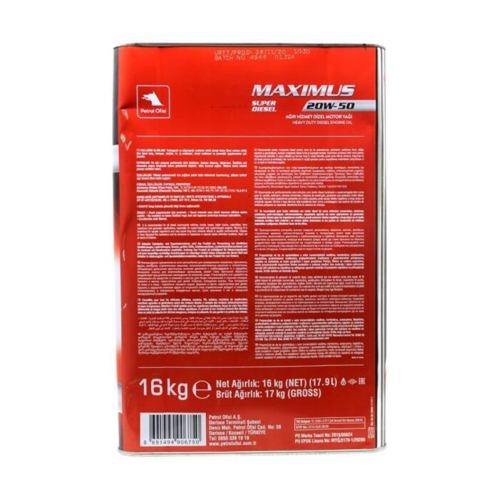 Petrol Ofisi Maximus Super Diesel 20W50 16 Kg Motor Yağı - Görsel 3
