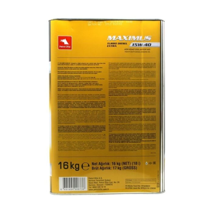 Petrol Ofisi Maximus Turbo Diesel Extra 15W40 16 Kg Motor Yağı - Görsel 3