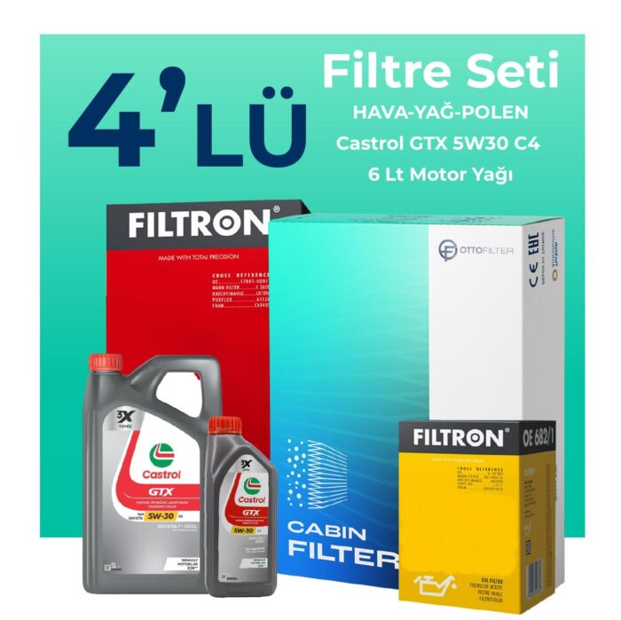 Filtron Dacia Duster 1.3 Benzinli Filtre Bakım Seti Castrol Motor Yağlı (2018-2024) 4 Lü - Görsel 1