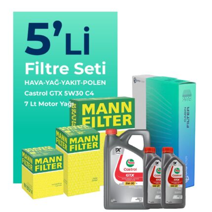 MANN Nissan Navara 2.3 Dizel Filtre Bakım Seti Castrol GTX C4 5W-30 7 Litre Motor Yağlı (2015-2021) 5 Li