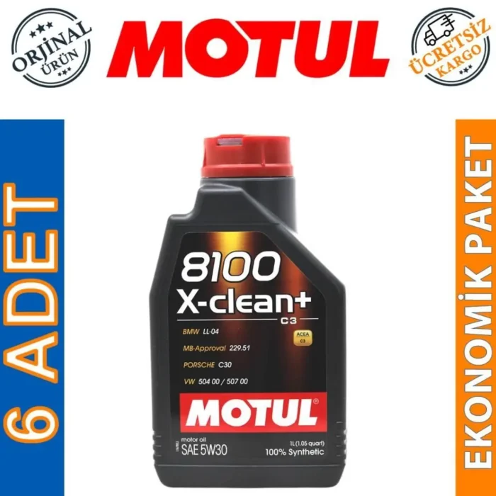 Motul 8100 X-Clean+ 5W30 1 Lt Tam Sentetik Motor Yağı (6 Adet) - Görsel 1